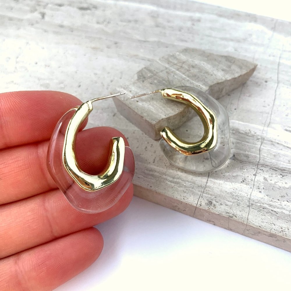 NEW ~ Anthropologie Irregular Resin Clear Hoop Earrings - Picture 4 of 10